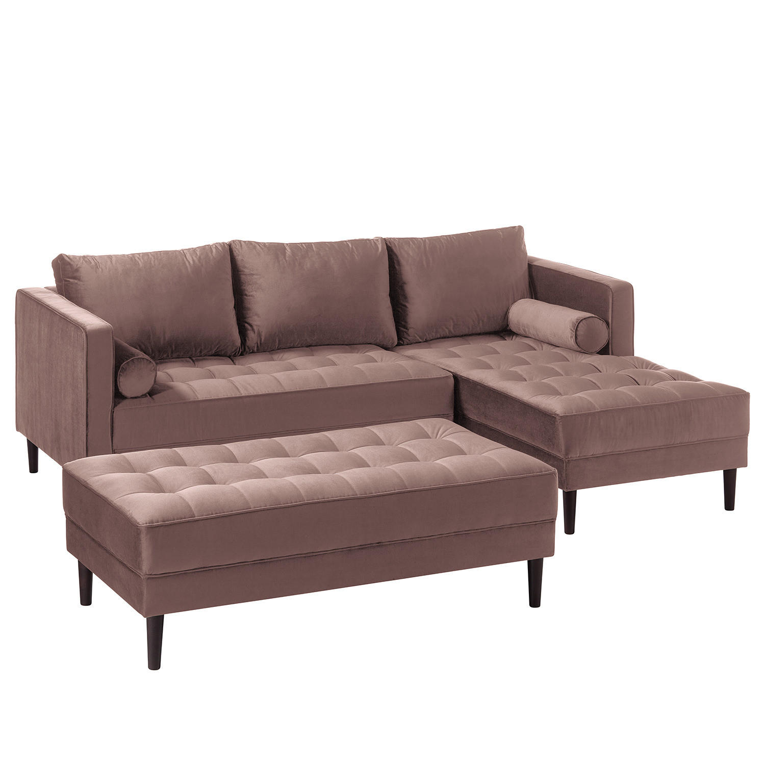 ECKSOFA - Samt - Dunkelbraun/Mauve, Birkenholz/Textil (201/155cm) - home24