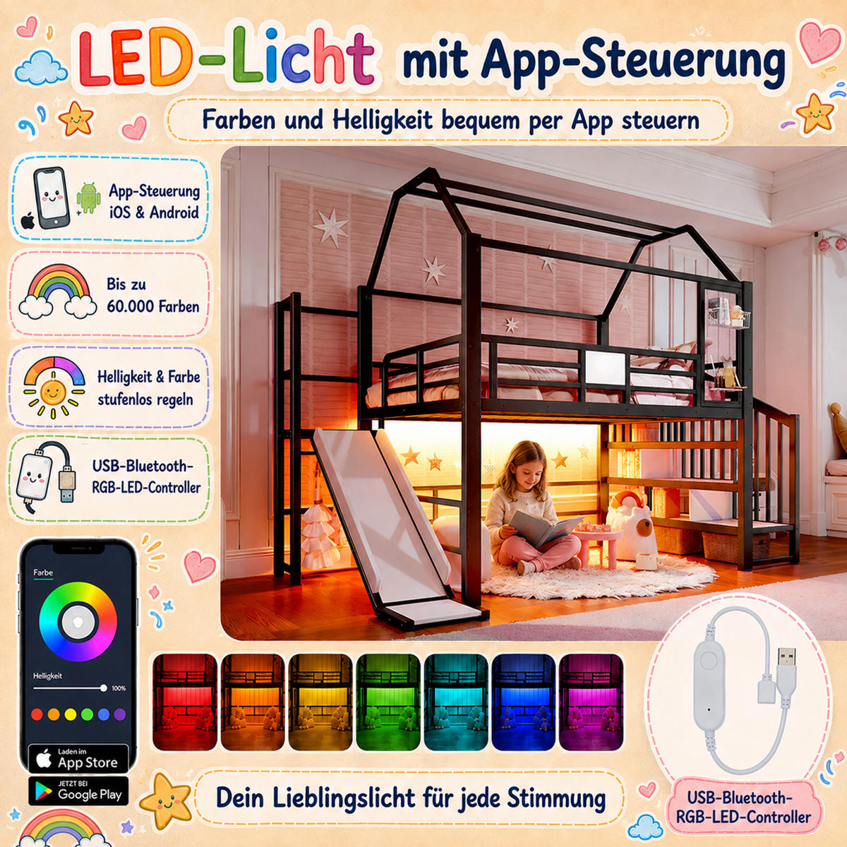 HOCHBETT 140/200cm mit Rutsche, LED/Treppe, Metall, Schwarz - Schwarz, Metall (140/200cm) - LVHOM