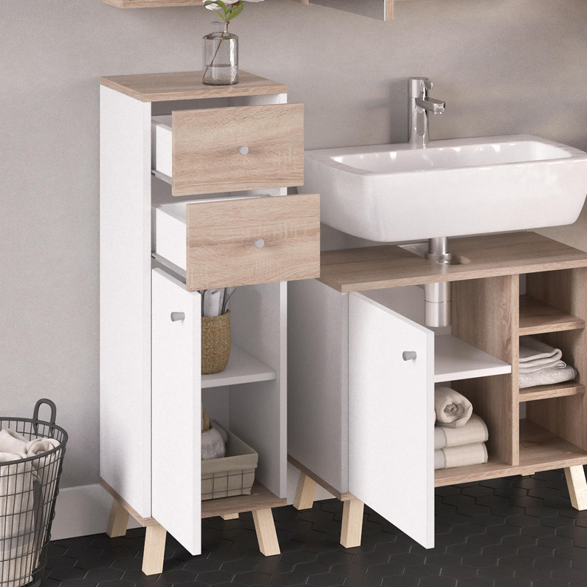 MIDISCHRANK Senyo Weiß 30 x 95 cm mit Schubladen - Weiß, Holzwerkstoff (30/95/30cm) - Vicco