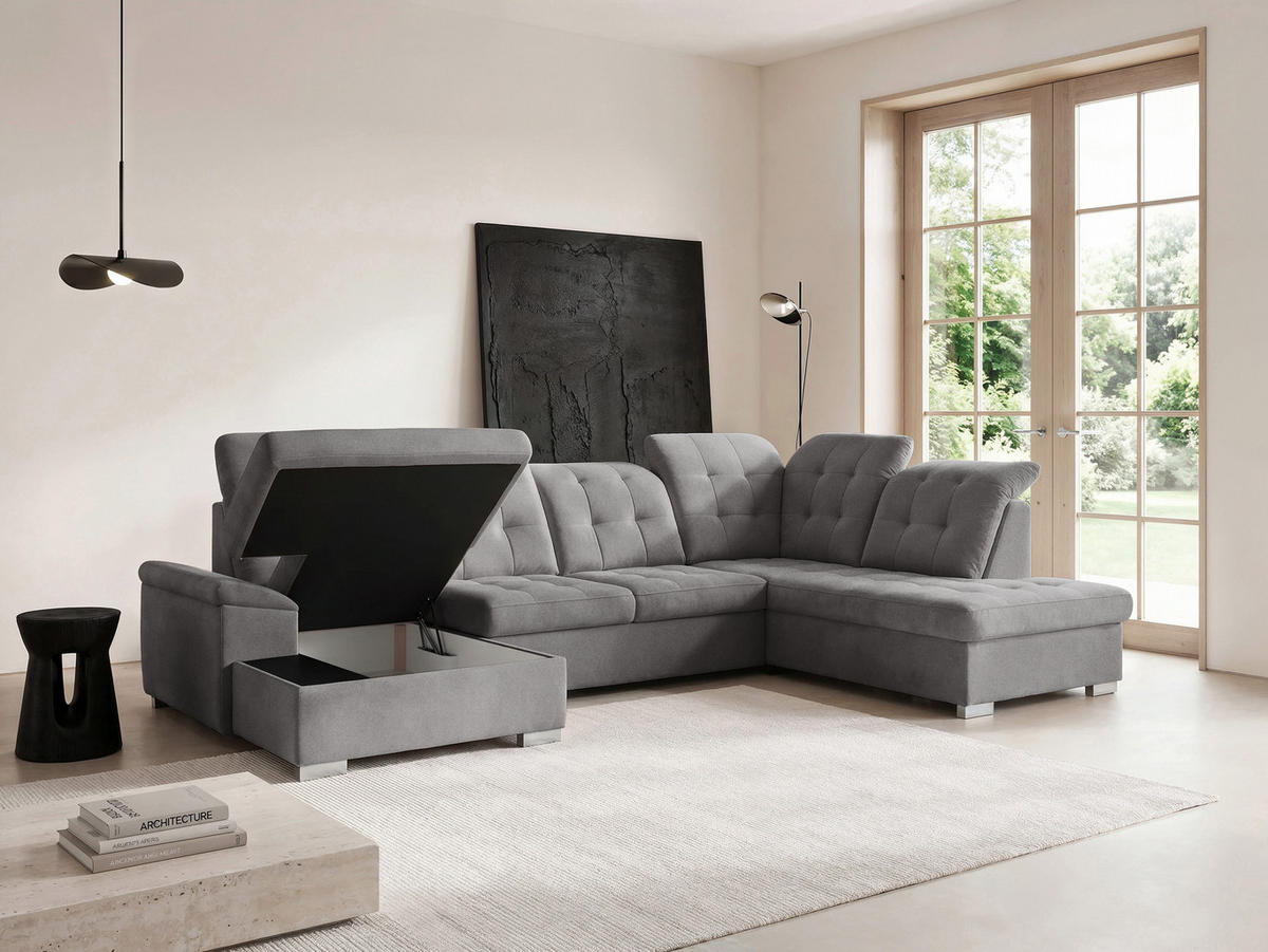 WOHNLANDSCHAFT ANON Ottomane Rechts, mit Schlaffunktion und Bettkasten, Grau - Grau, Kunststoff/Textil (322/87/220cm) - Idohome