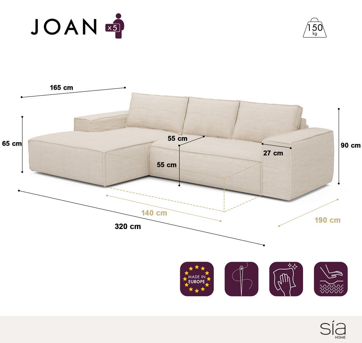 ECKSOFA LINKS Samt Grau 302cm - Grau, Textil (165/302cm) - Sia Home