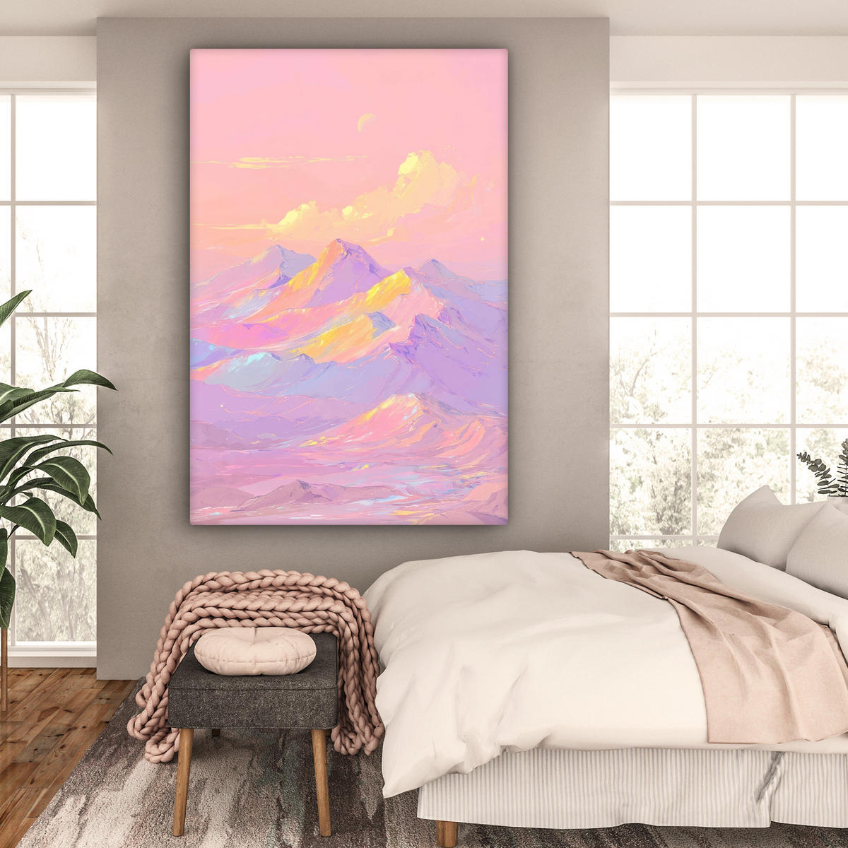 OBRAZ NA PLÁTNĚ Vrcholky hor - Mraky - Zasněné 90x140 cm - světle růžová, textil (90/140cm) - MuchoWow