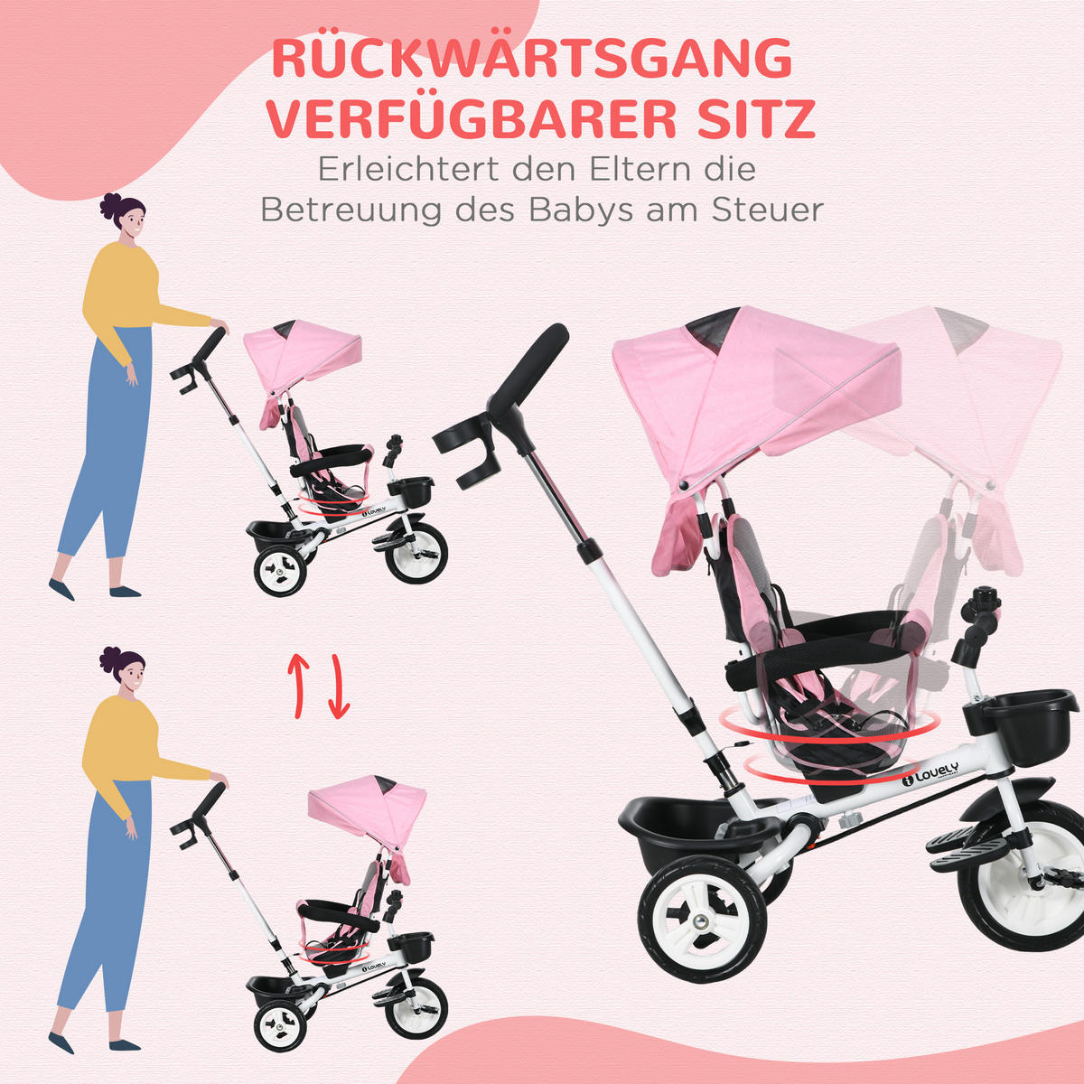 6 in 1 Dreirad mit Schubstange, Kinderdreirad mit Sicherheitsgurt, Sonnendach - Rosa, Metall (112/50/104cm) - HOMCOM