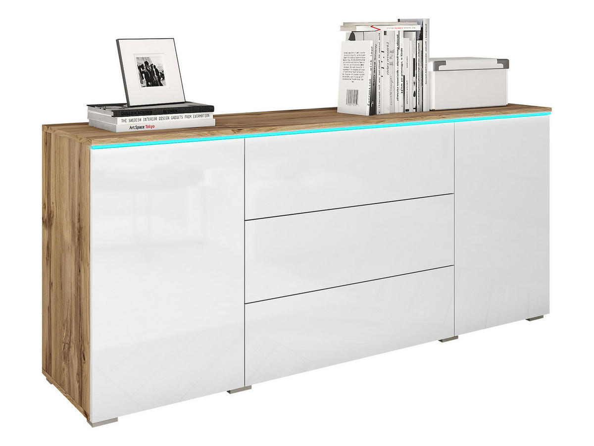 SIDEBOARD Vera 150 mit RGB LED Beleuchtung - Weiß Hochglanz/Eiche Wotan, Holzwerkstoff (150/66/40cm) - MIRJAN24