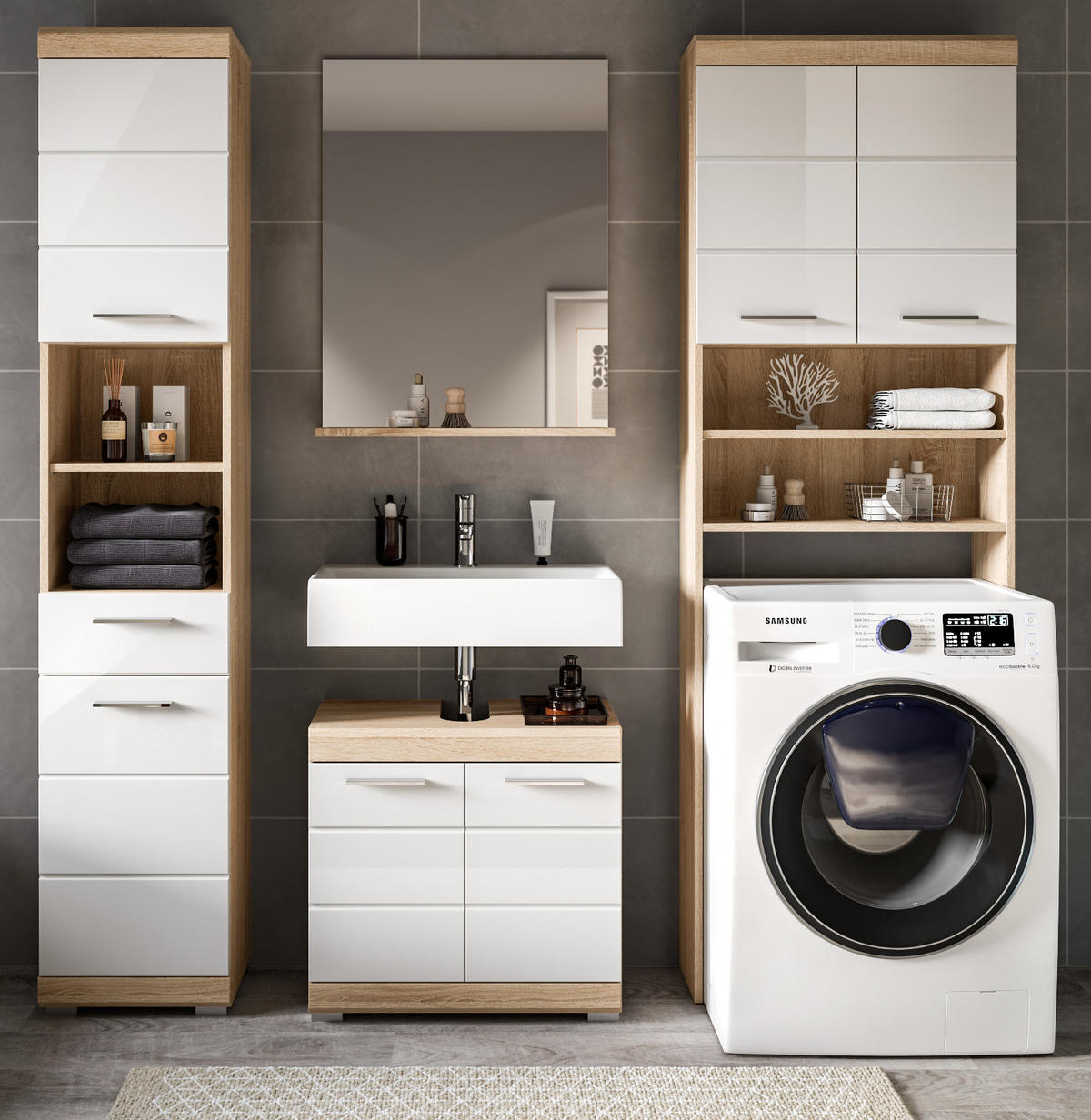 BADMÖBEL-SET weiß Hochglanz, Eiche 4-teilig 190 cm, Komplettset mit viel Stauraum - Weiß Hochglanz/Eichefarben, Glas/Holzwerkstoff (190/191/34cm) - Inn.Furn