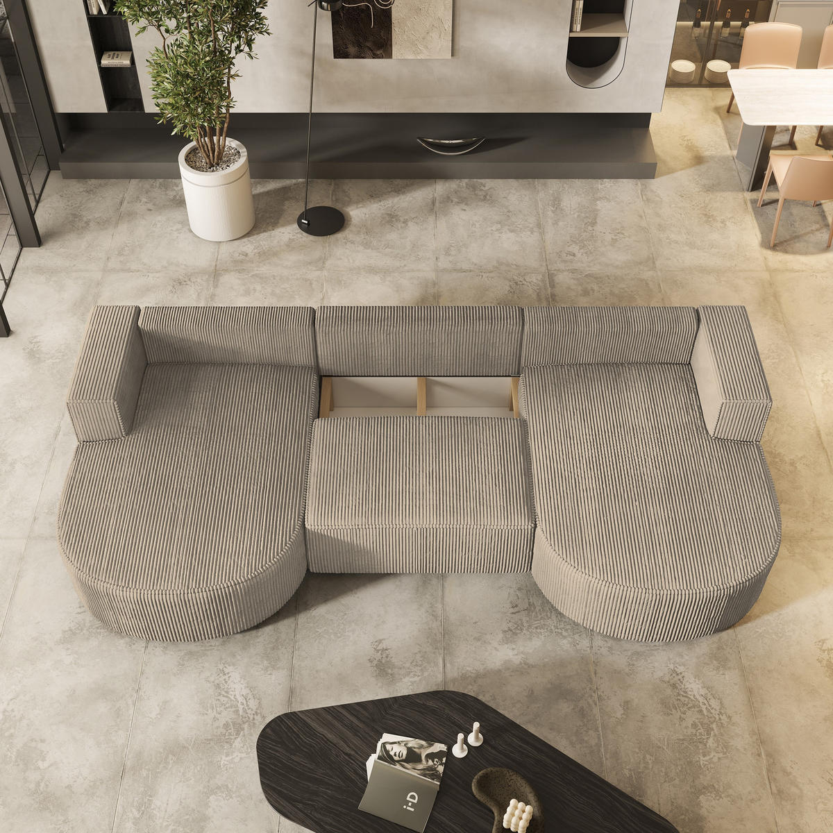 WOHNLANDSCHAFT VEZZO P Beige Kordstoff mit Schlaffunktion - Beige, Holz (347/85/174cm) - MASSENO