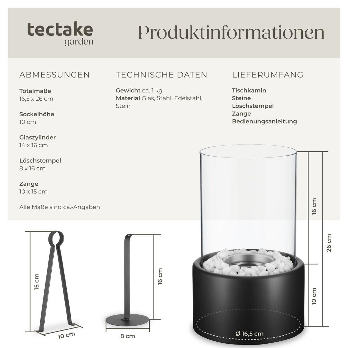TISCHKAMIN Bioethanol Damine,16,5 x 26 cm, schwarz - Schwarz, Glas (16.5/26/16.5cm) - tectake