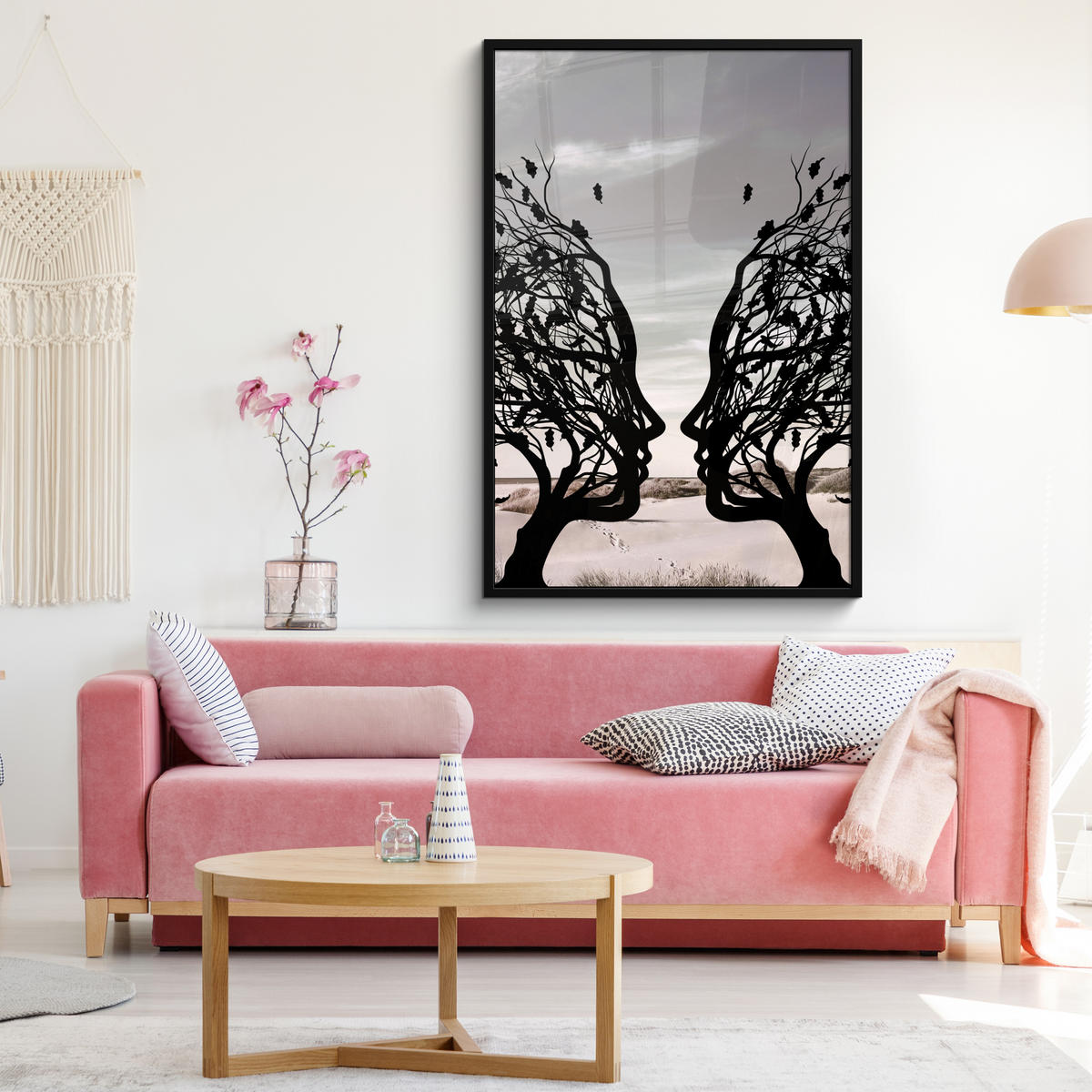 GERAHMTES BILD Strand - Meer - Menschen - Baum - Moderne Kunst 80x120 cm - Hellgrau, Papier (80/120cm) - MuchoWow