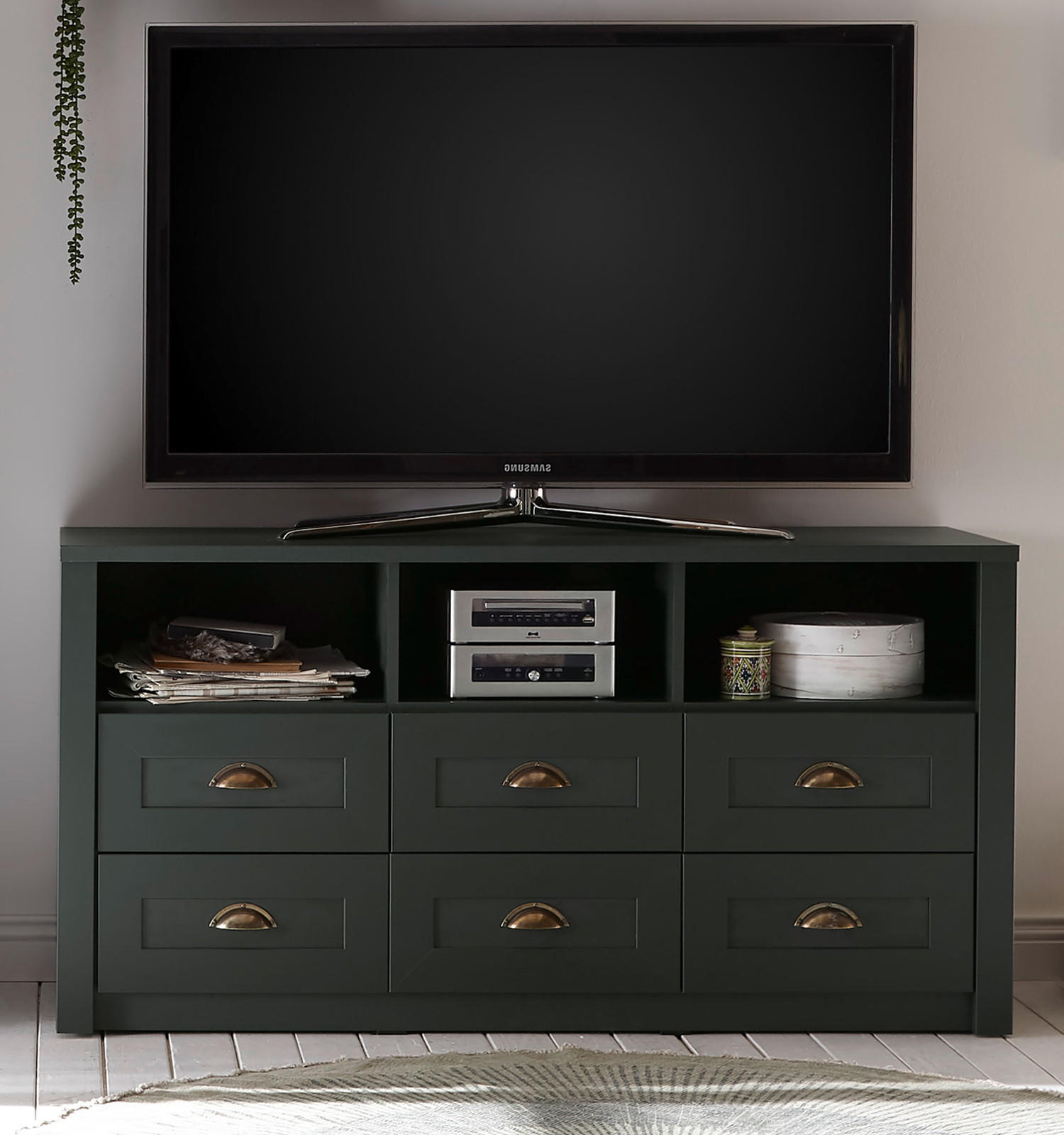 TV-LOWBOARD grün Landhaus, TV Unterteil mit Komforthöhe 130 x 67 cm - Chromfarben/Schwarz, Holzwerkstoff/Kunststoff (130/67/43cm) - Furn.Design