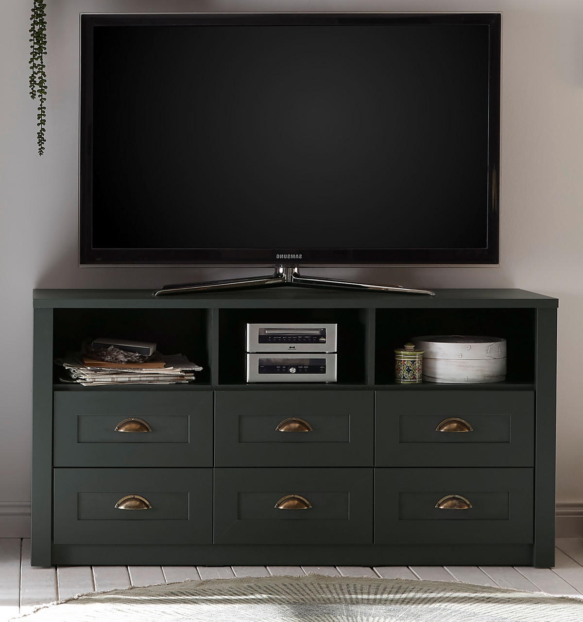 TV-LOWBOARD grün Landhaus, TV Unterteil mit Komforthöhe 130 x 67 cm - Chromfarben/Schwarz, Holzwerkstoff/Kunststoff (130/67/43cm) - Furn.Design