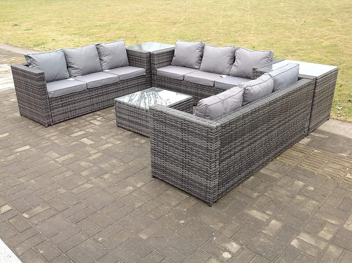 GARTENMÖBELSET mit Couchtisch Polyrattan 9-Sitzer - Dunkelgrau/Grau, Glas/Kunststoff - Fimous