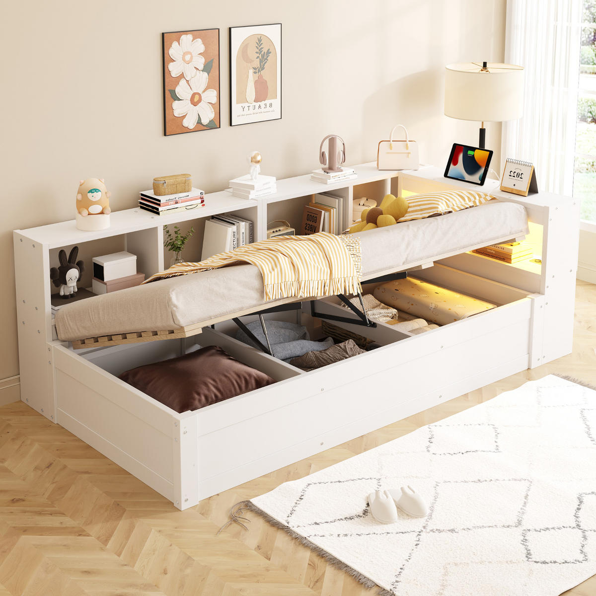 SCHLAFSOFA 90x200cm LED Stauraum Steckdose Massivholz Weiß - Weiß, Holzwerkstoff (90/200cm) - FLIEKS