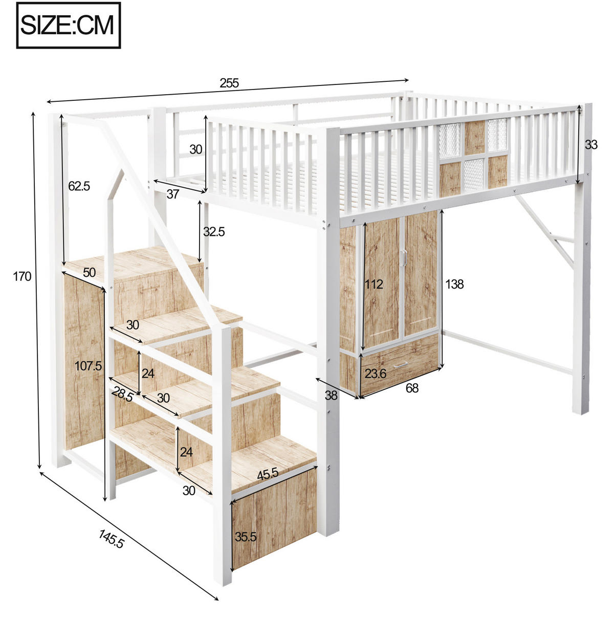 HOCHBETT 140/200 cm aus Metall und Holz mit Kleiderschrank und Aufbewahrungsleiter Weiß - Weiß, Metall (140/200cm) - Modenvie