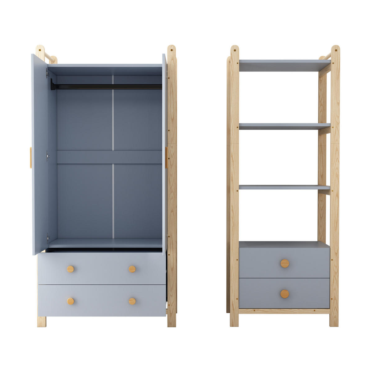 GARDEROBE 90/44/180,5 cm und 70/44/180,5 cm Blau/Natur aus Massivholz und Holzwerkstoff mit Schubladen 2er Set - Blau, Holzwerkstoff (44/180.5/160cm) - OKMYHOME