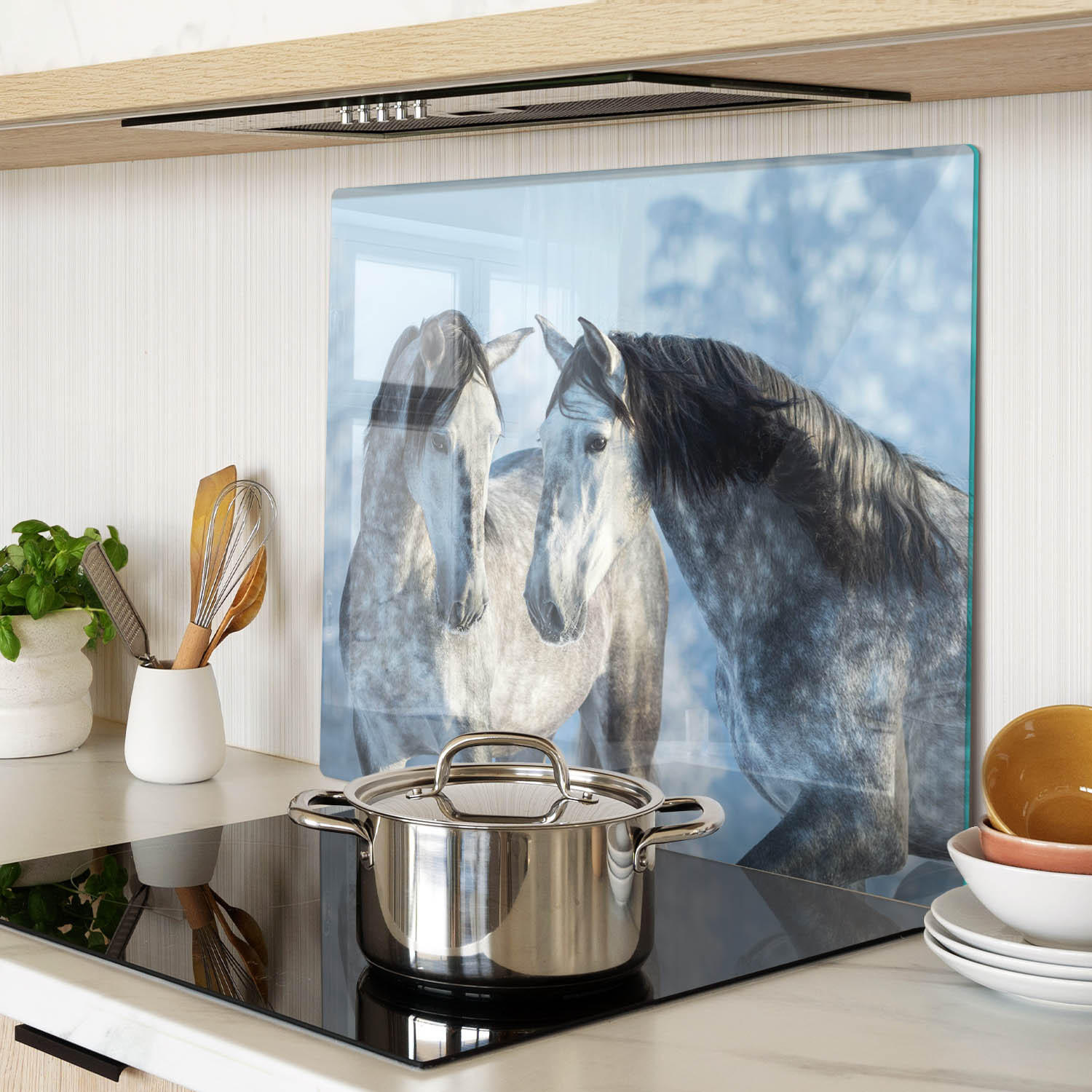 GLASPLATTE 60x52 cm Graue Pferde im Winter - Grau, Glas (60/0.4/52cm) - TULUP