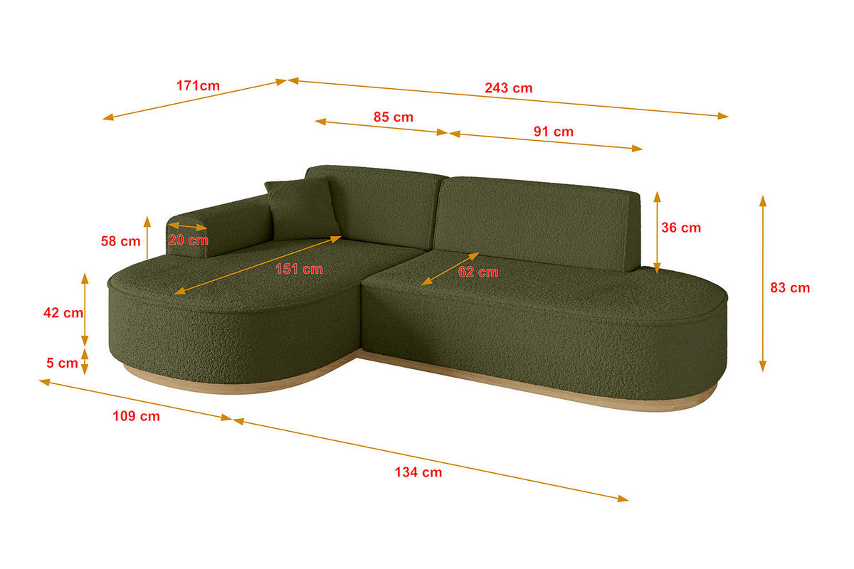 ECKSOFA Ottomane Links MARI-L1-v2 - 243x171x83 cm Grün Bouclé - Grün, Holzwerkstoff/Textil (243/171cm) - ALTDECOR