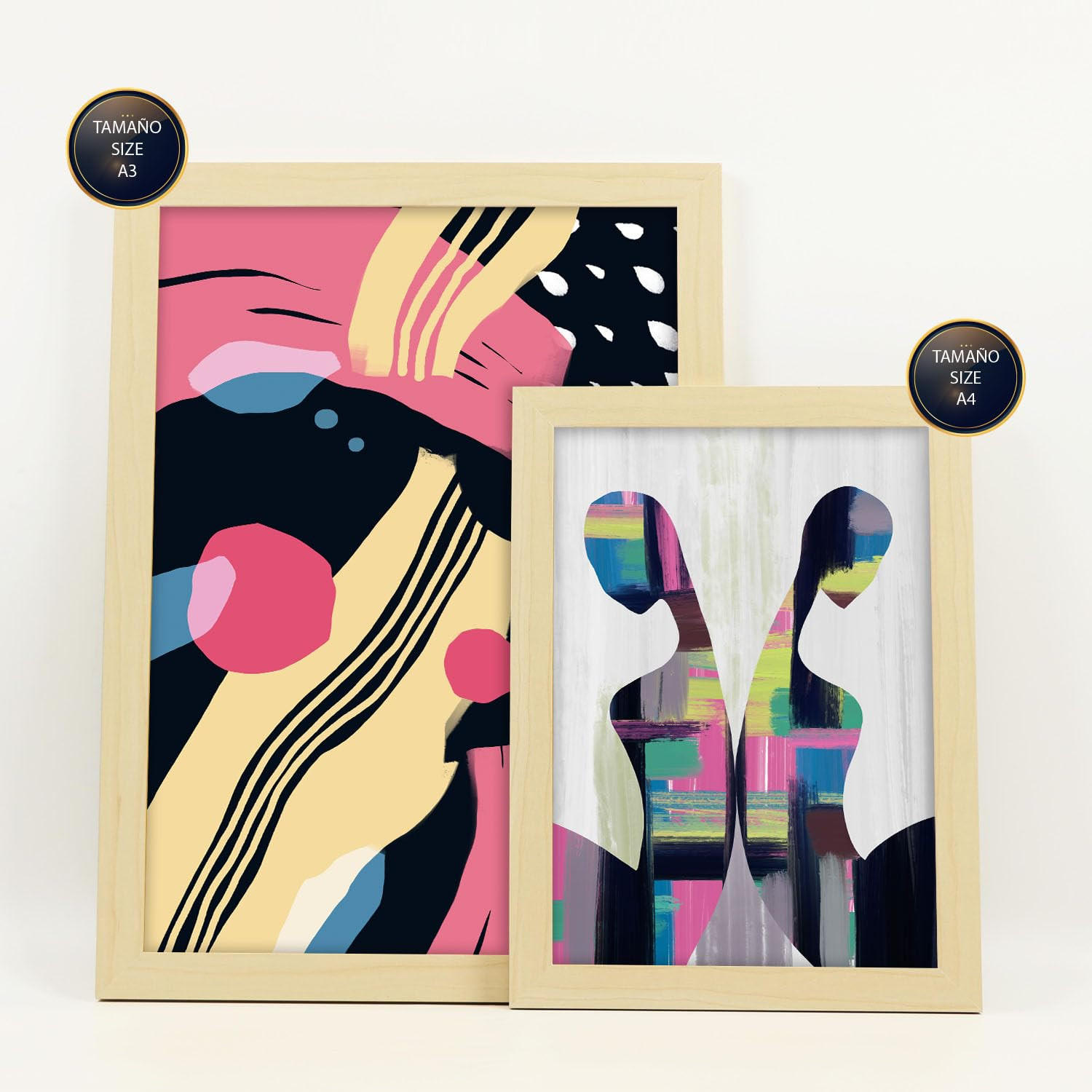 POSTER Set Mit 6 Verhaltensmodi In Liebhaber Abstrakt Ästhetische Dekorative Gemälde Für Ihr Wohnzimmer Zuhause A3 & A4 Rahmen Aus Hellem Holz - Beige, Papier (29/3cm) - Nacnic