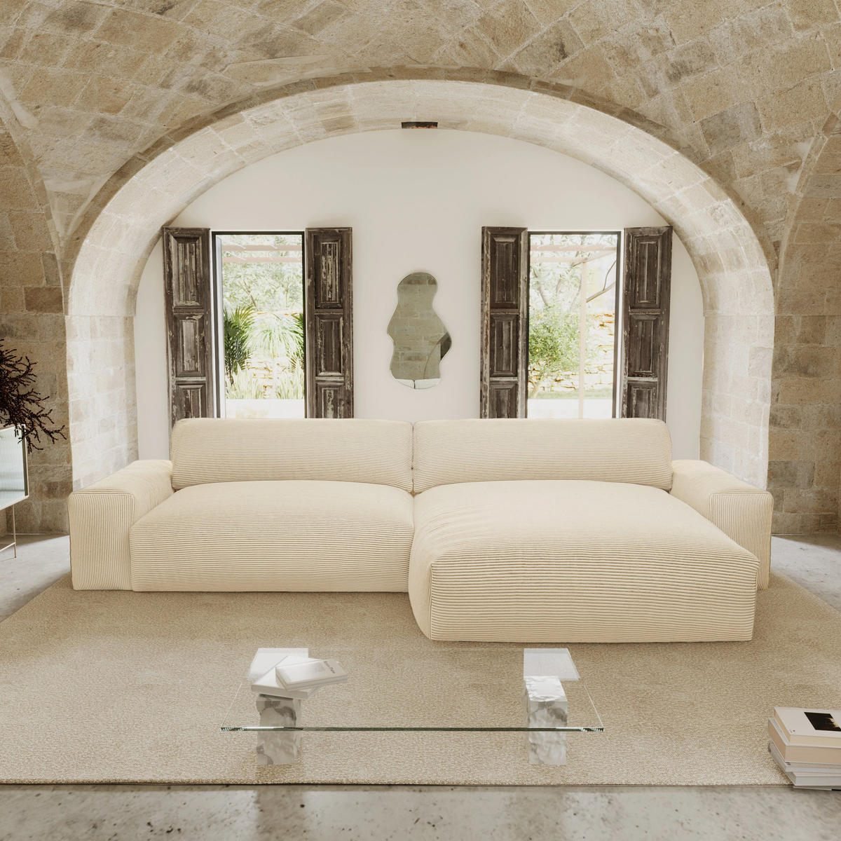 ECKSOFA RECHTS Gerippter Samt Creme 310cm - Creme, Textil (310/174cm) - Sia Home