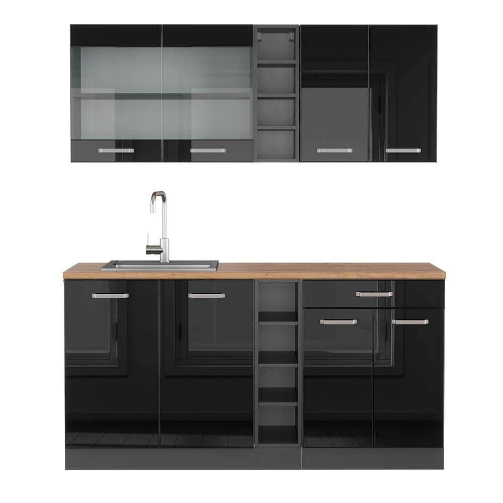 SINGLEKÜCHE R-Line Schwarz Hochglanz/Anthrazit 160 cm, AP Eiche - Schwarz Hochglanz/Anthrazit, Holzwerkstoff (160/81.6/60cm) - Vicco