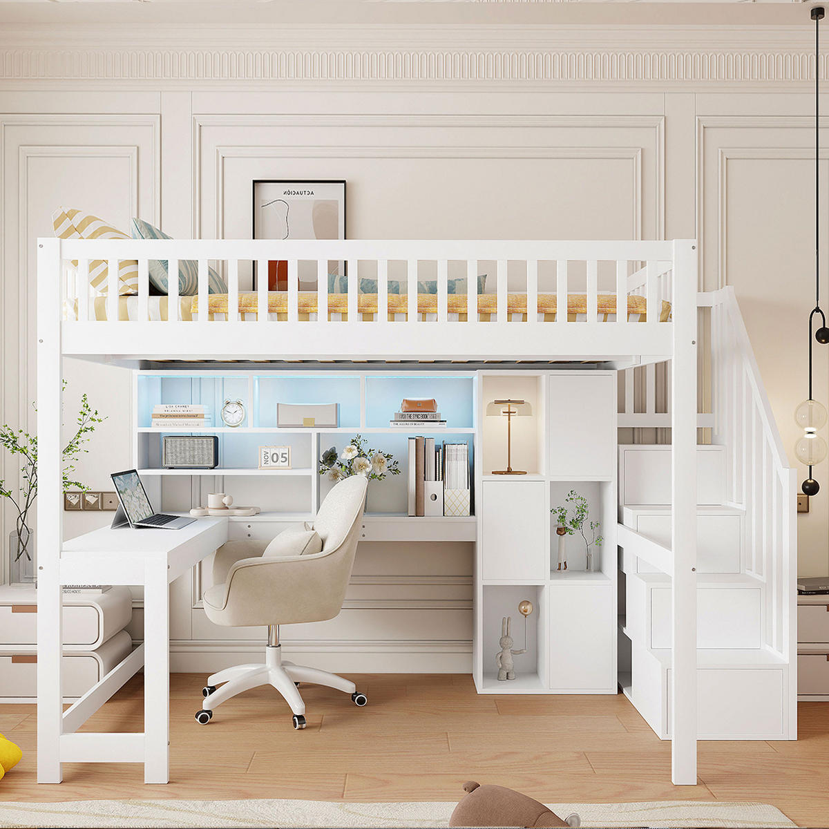 HOCHBETT 140x200cm Weiß LED-Licht Ablageleiter Schreibtisch - Weiß, Holz (140/200cm) - FLIEKS