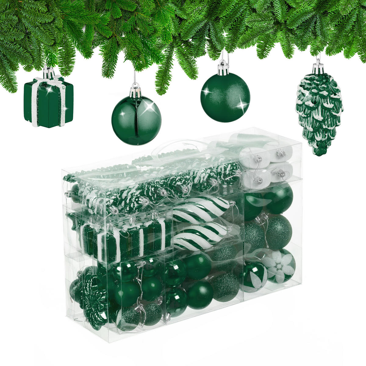 72-TLG.WEIHNACHTSKUGELN-SET - Dunkelgrün, Kunststoff (38/24/12cm) - Relaxdays