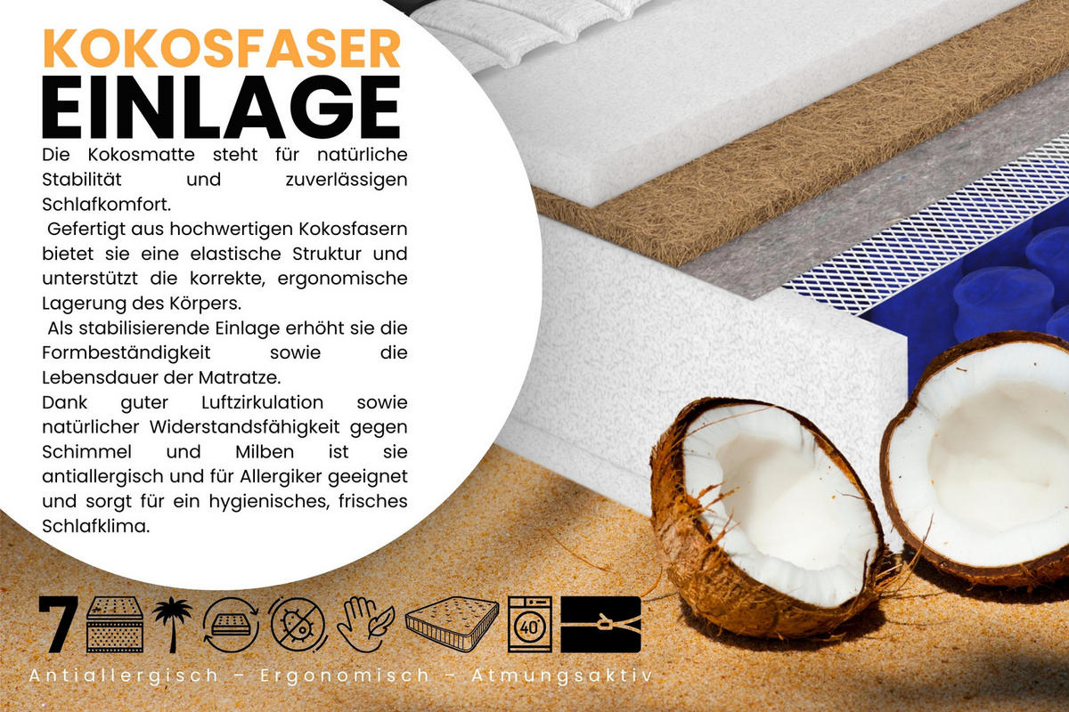 TASCHENFEDERKERNMATRATZE 7 Zonen + KOKOS 140/200 Schwarz H4 - Schwarz, Textil (140/200cm) - Deine Möbel 24