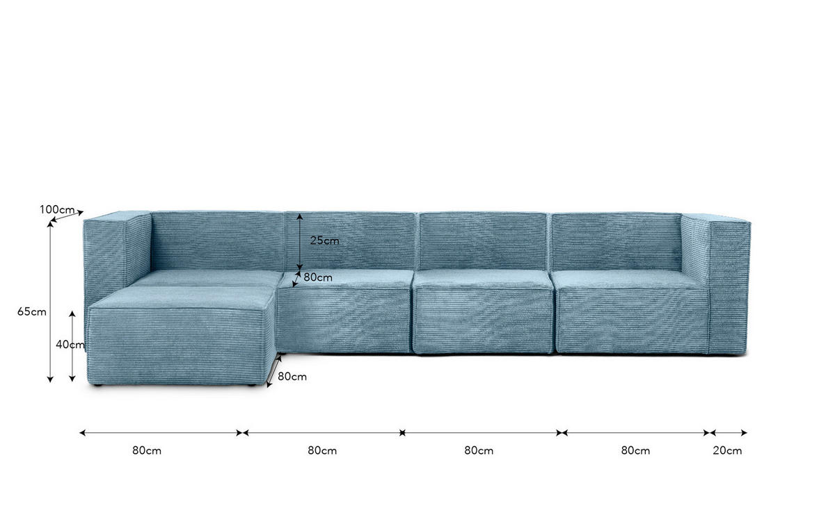 4-SITZER-SOFA Chaiselongue bezogen blauem Cordcornish-Samt HARPER - Blau, Textil (100/65/360cm) - RNT By Really Nice Things