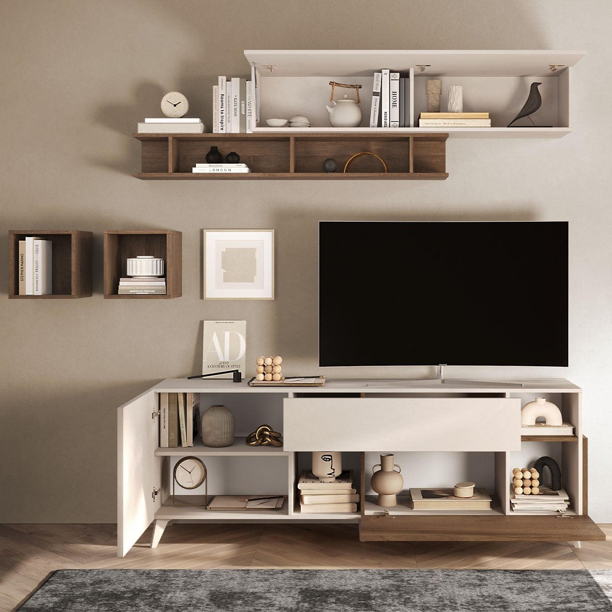 TV-MÖBEL mit 2 Türen, 1 Schublade und 2 Nischen - Mala - 181/43/67 cm - Beige, Holzwerkstoff (43/67/43cm) - Calicosy