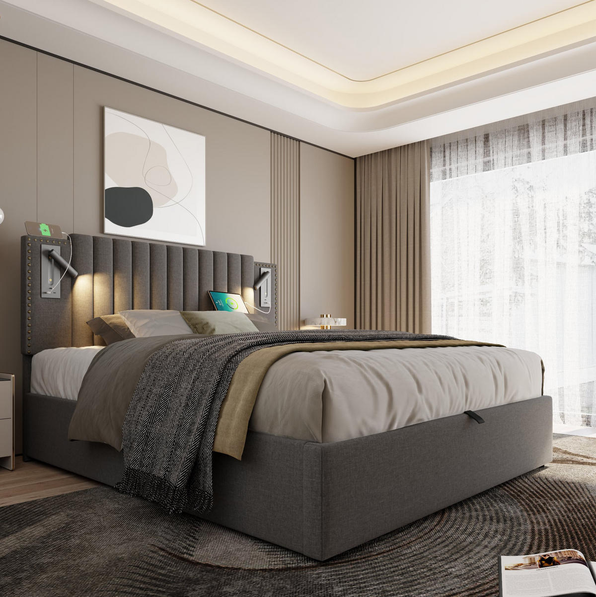 POLSTERBETT 180/200 cm grau aus Baumwolle mit Stauraum USB-C und Leselicht - Grau, Textil (180/200cm) - OKWISH