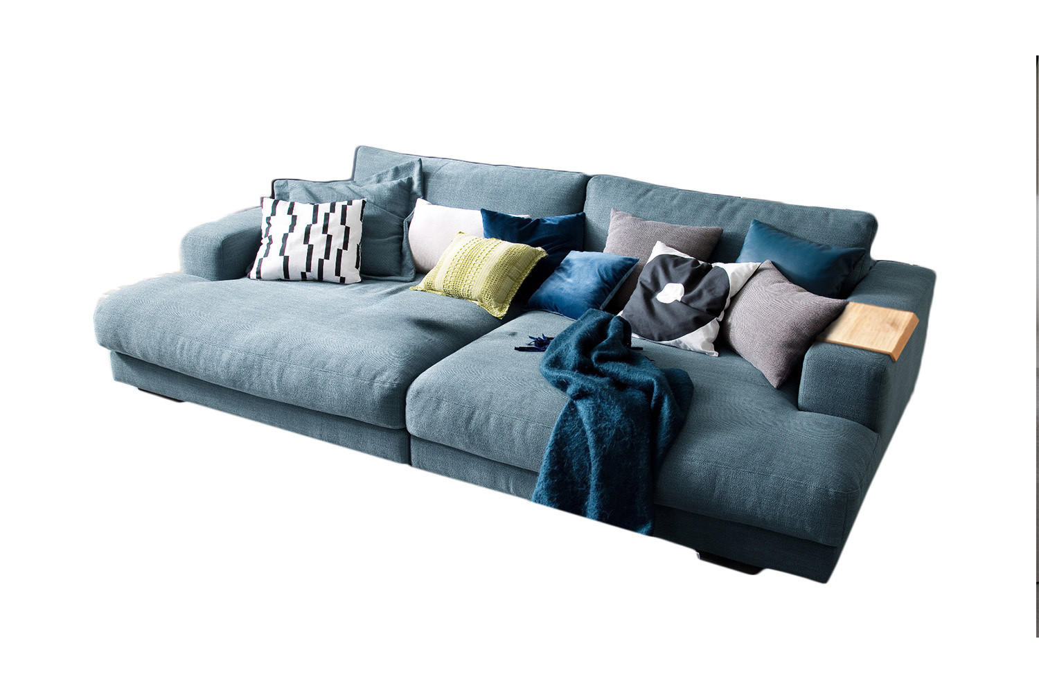 BIG SOFA XL MIT TABLETT NATUR MADELINE Petrol Webstoff - Petrol/Schwarz, Kunststoff/Textil (290/85/190cm) - KAWOLA