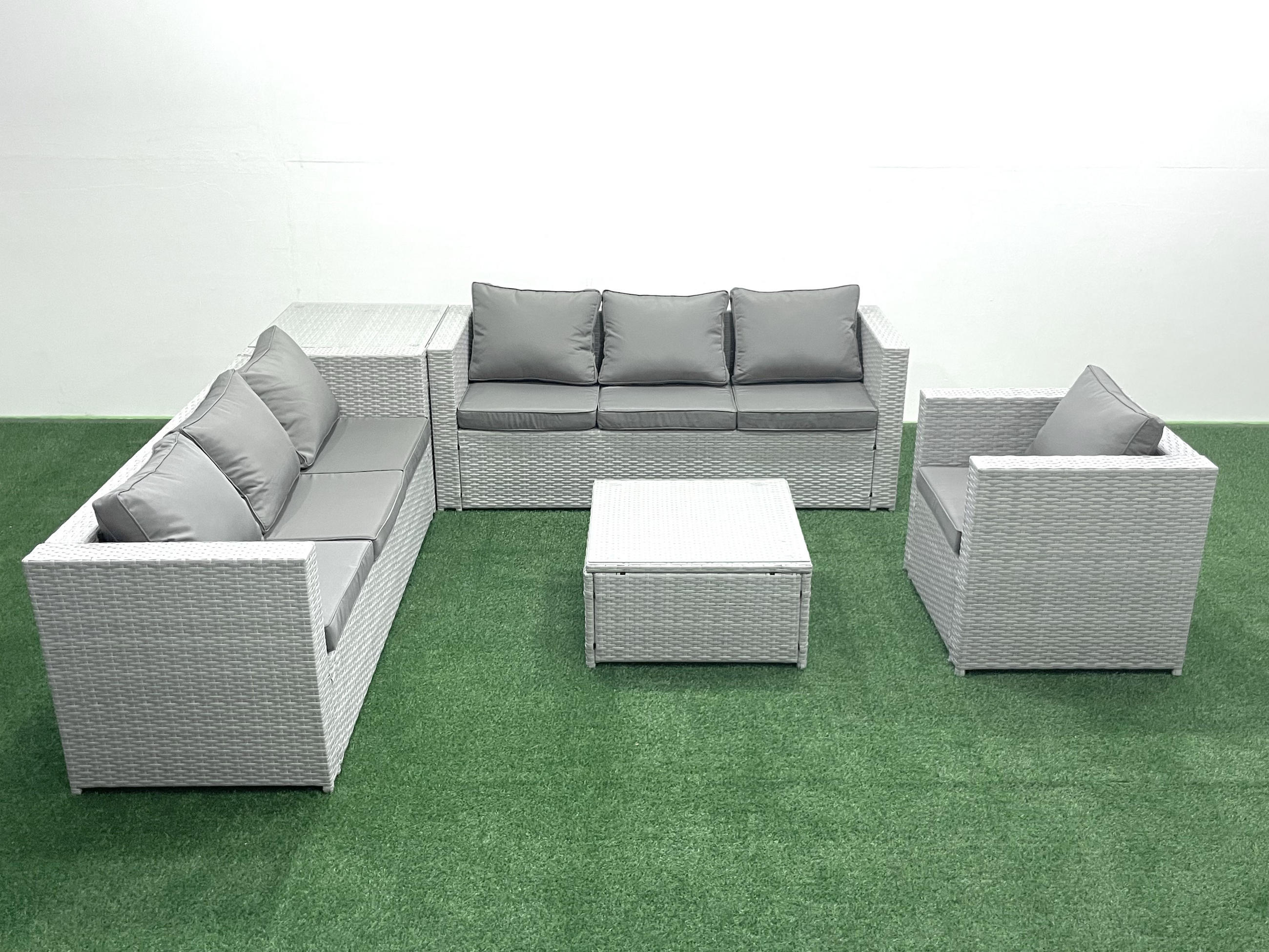 GARTENMÖBEL-SET mit Kissen Polyrattan Hellgrau-Mix 7-Sitzer - Hellgrau/Grau, Glas/Kunststoff - Fimous