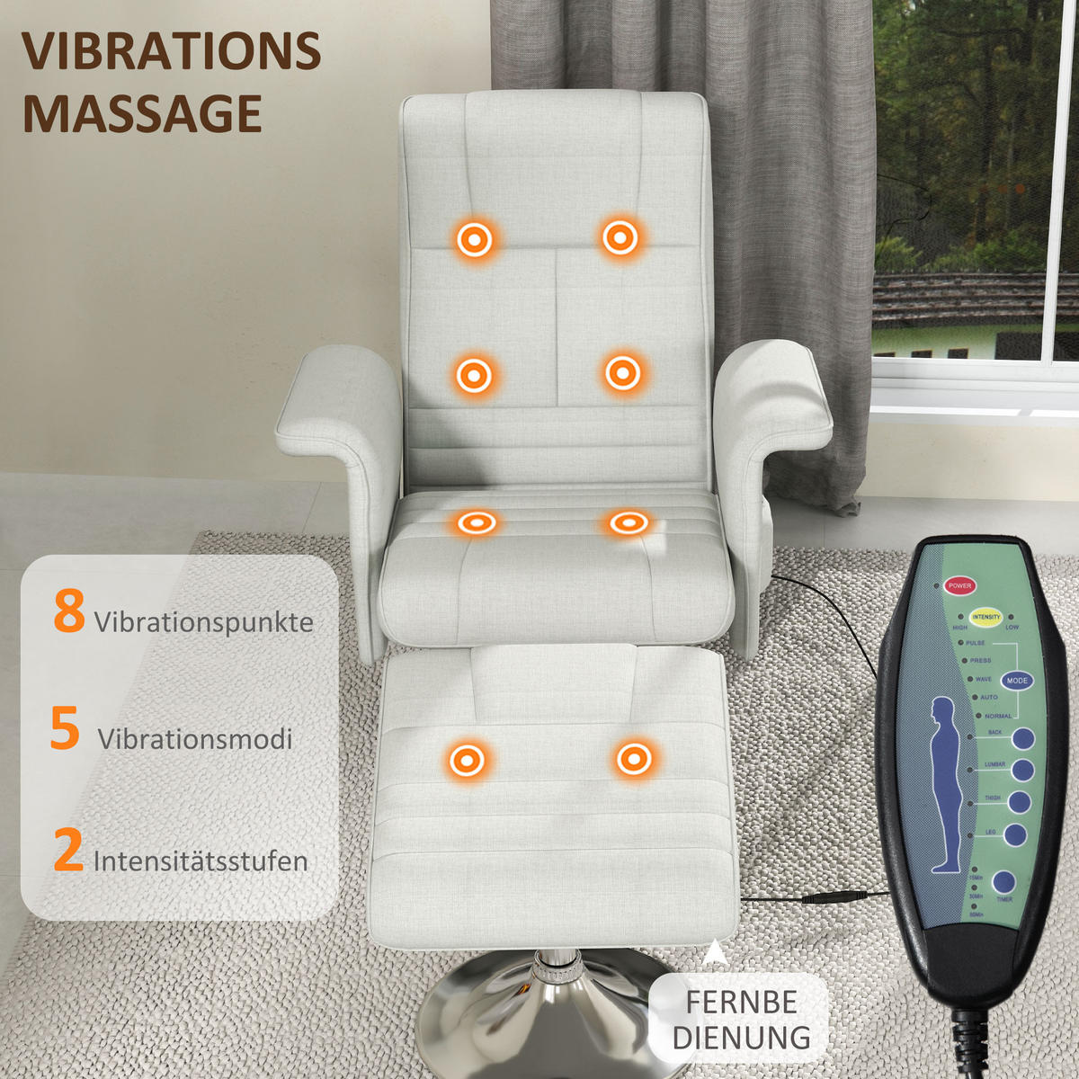 MASSAGESESSEL mit Fußhocker, elektrischer Relaxsessel mit Liegefunktion Creme - Silberfarben/Creme, Textil/Metall (95/88/78cm) - HOMCOM
