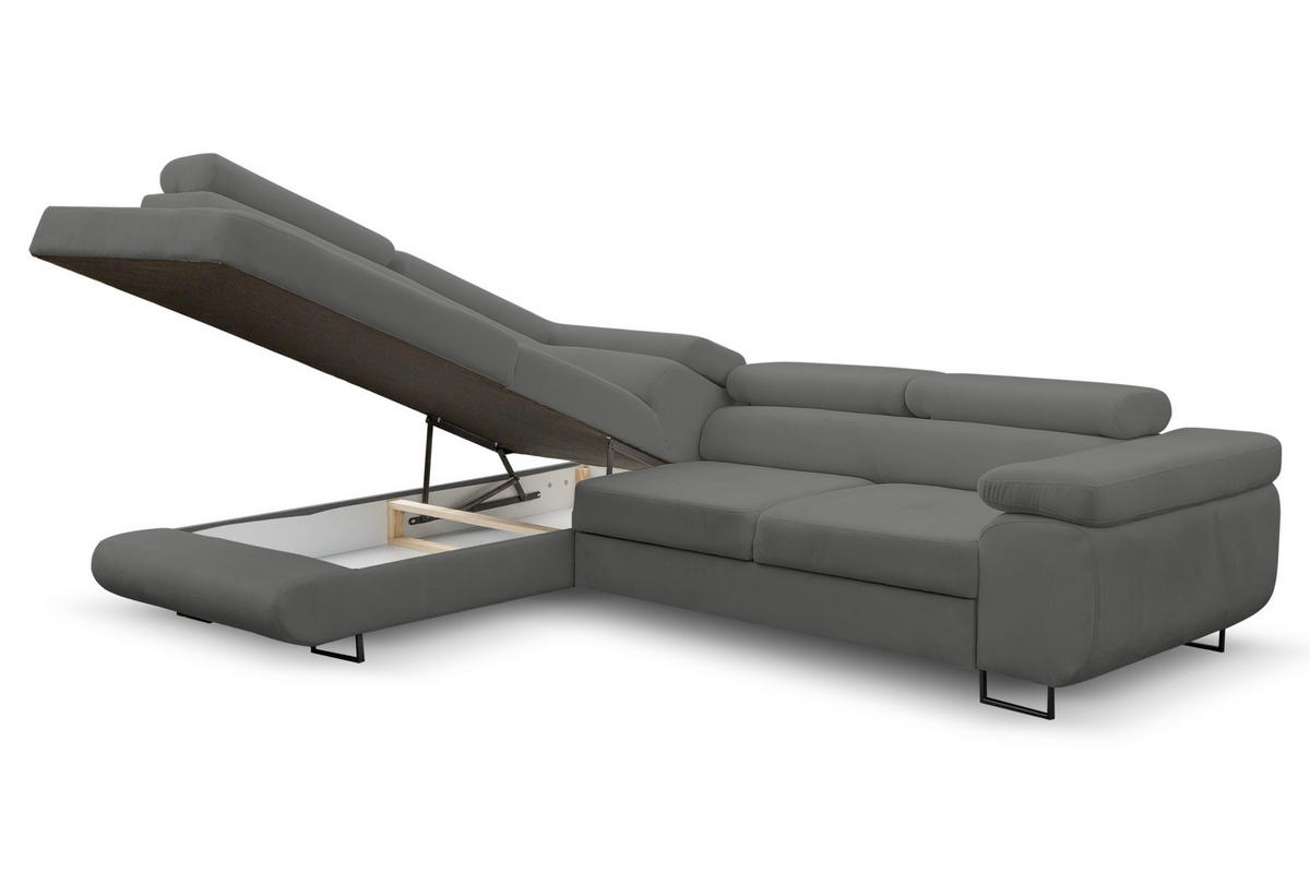 ECKSOFA Jerry in L-Form mit Schlaffunktion und Bettkasten, Farbe: Grau, Veloursstoff, Ottomane Links - Grau, Textil (202/275cm) - VENASI MÖBEL