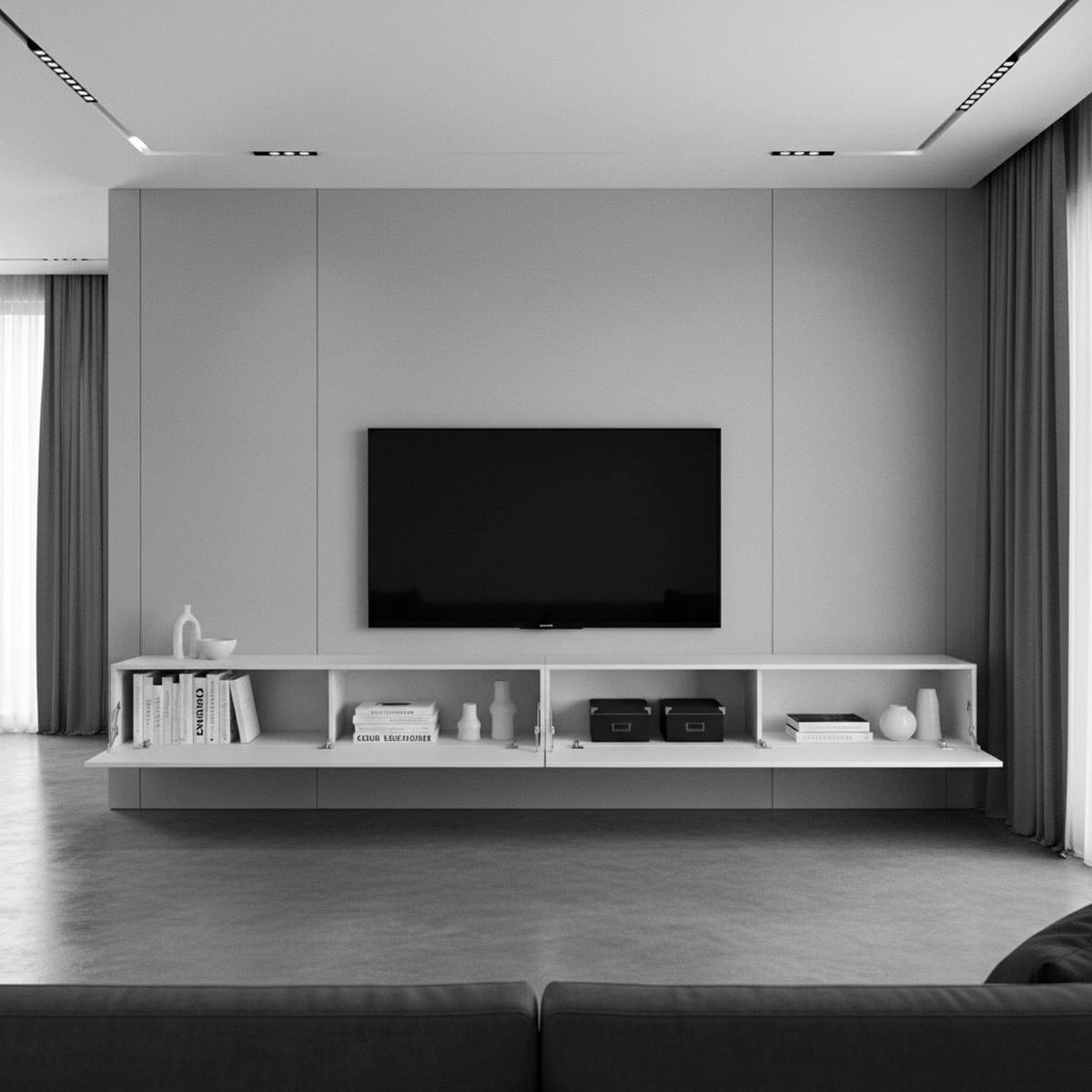 LOWBOARD Lia, hängendes Tv-Board, Moderner Fernsehschrank 330 cm lang Fernsehtisch 2er Set, Weiß matt/Weiß Hochglanz (38,5 x 330 x 30 cm) - Weiß Hochglanz, Holzwerkstoff (330/30/38.5cm) - InnoFurn