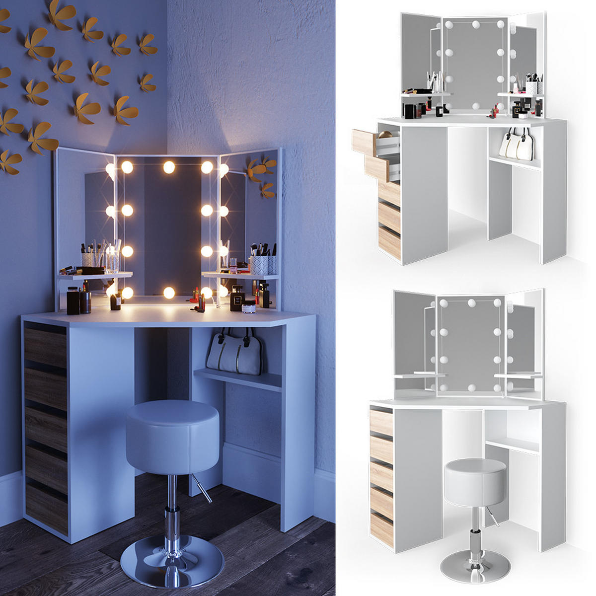 ECKSCHMINKTISCH Arielle Weiß/Sonoma 110 cm mit LED Beleuchtung und Hocker - Weiß/Sonoma Eiche, Holzwerkstoff (110/141.5/54cm) - Vicco