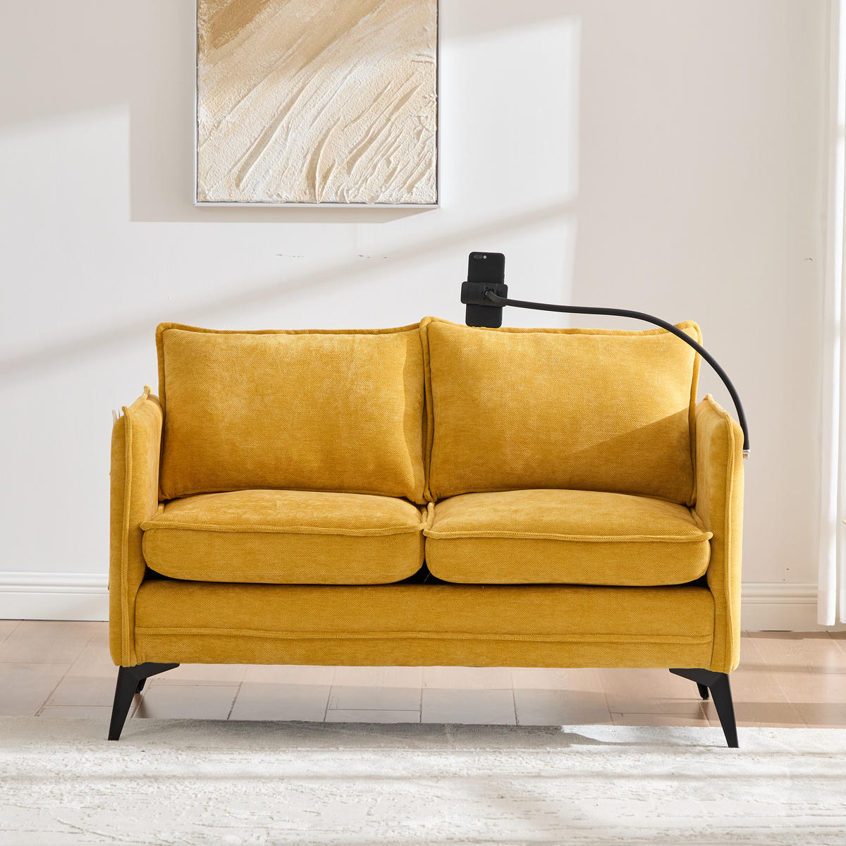 SOFA 2-Sitzer mit Handyhalterung und Ablagefächern Chenille Gelb 127/69/66 cm - Gelb, Textil (127/66/69cm) - OKWISH