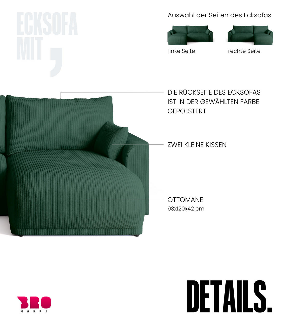 ECKSOFA MORENO mit Schlaffunktion Grün Cord - Dunkelgrün, Textil (262/160cm) - Bromarkt