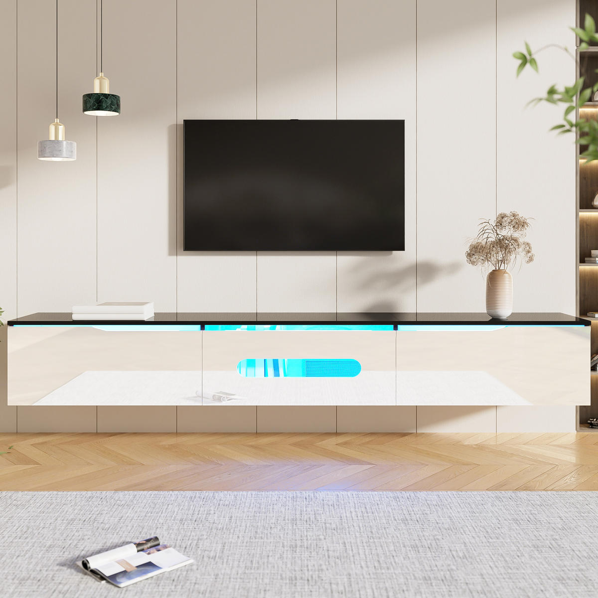 TV-SCHRANK 180cm Hochglanz 16-Farben-LED wandmontierbar Weiß-Schwarz - Weiß, Holz (46/16.5/133cm) - FLIEKS