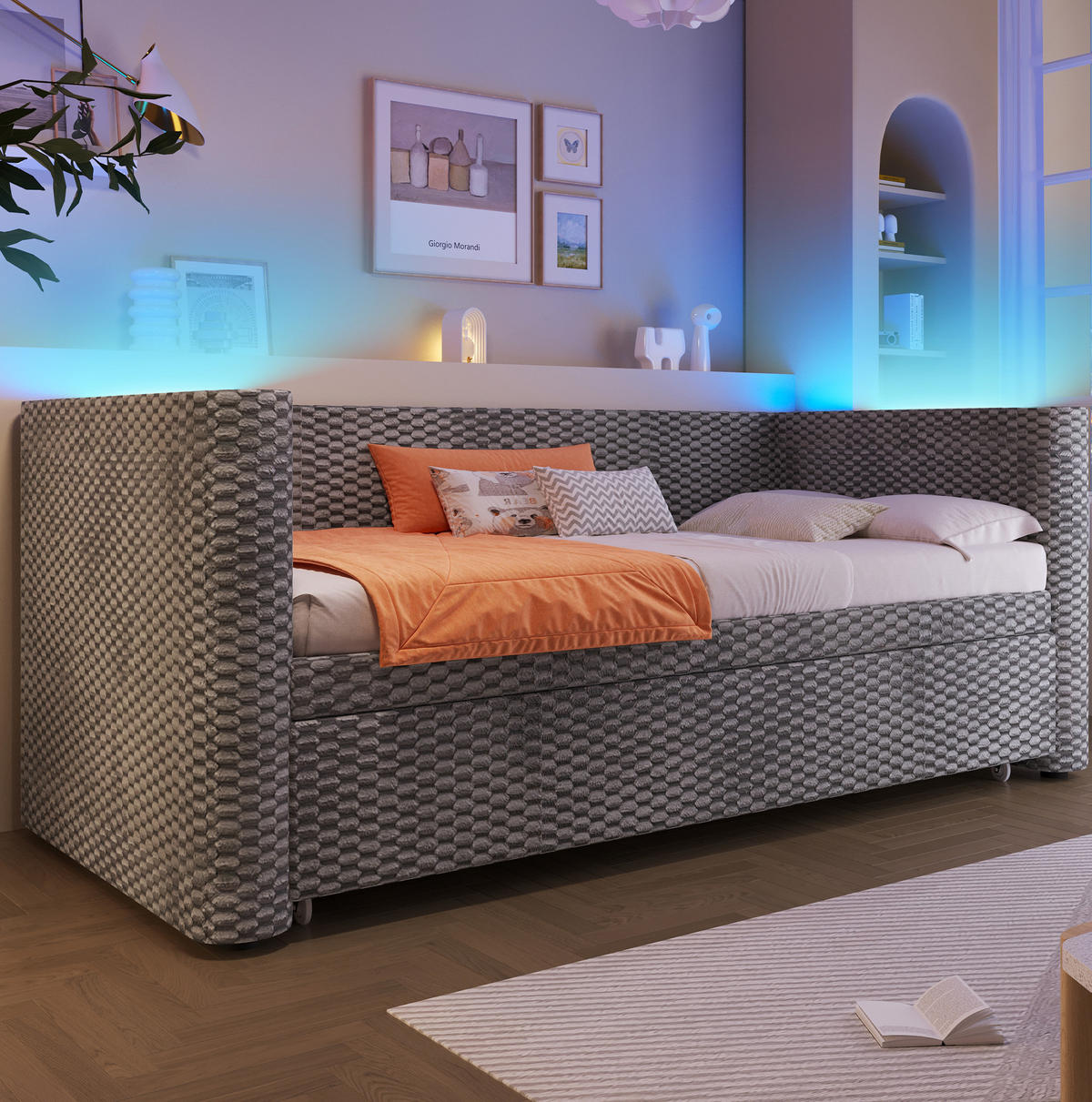 TAGESBETT aus Samt 90x200 cm Grau mit Ausziehfunktion, LED-Beleuchtung und umklappbarer Liegefläche 180x200 cm - Grau, Textil (90/200cm) - Modfu