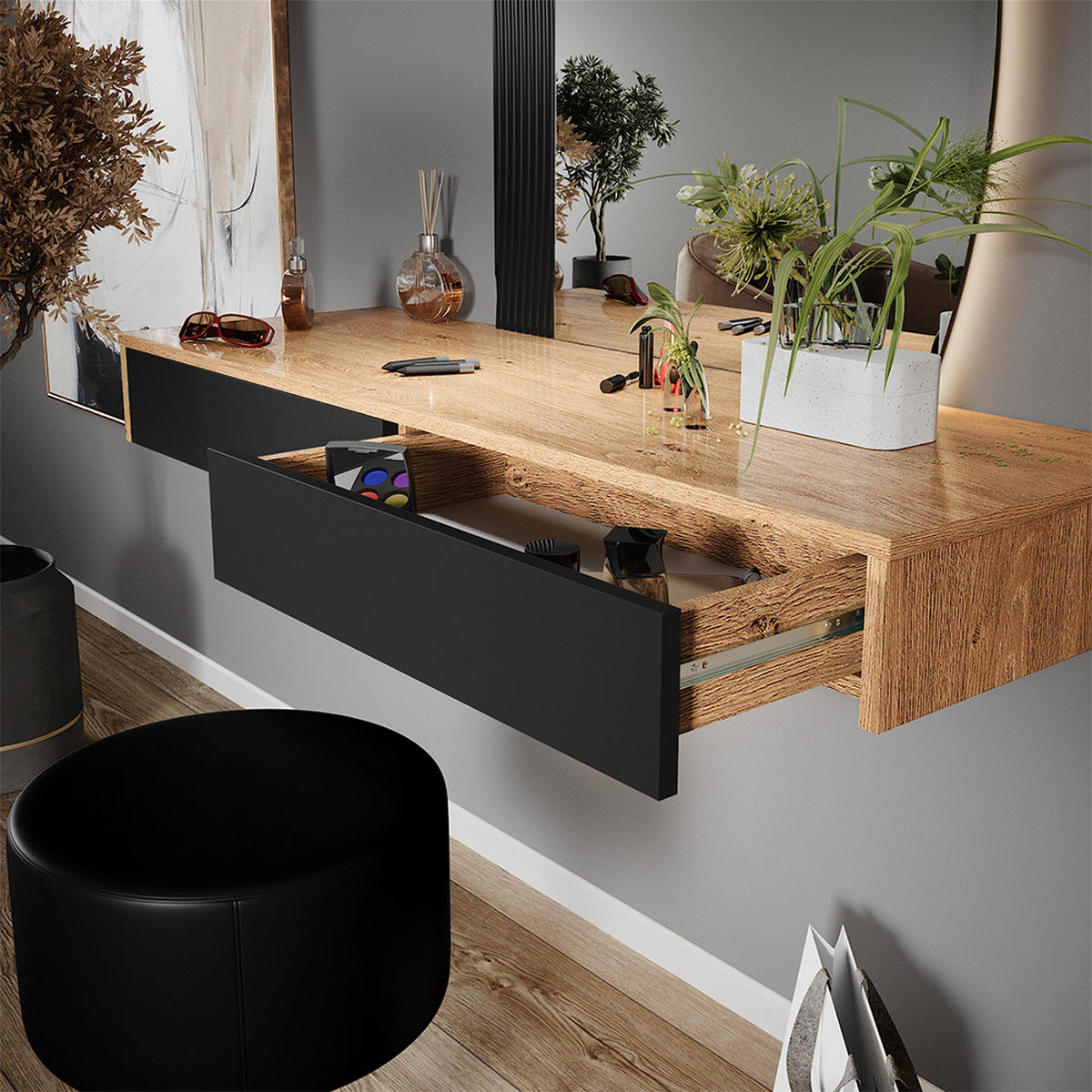 SCHMINKTISCH Melisa Schwarz 120 cm mit Beleuchtung und Hocker - Eichefarben/Schwarz, Holzwerkstoff (120/161.1/40cm) - Vicco