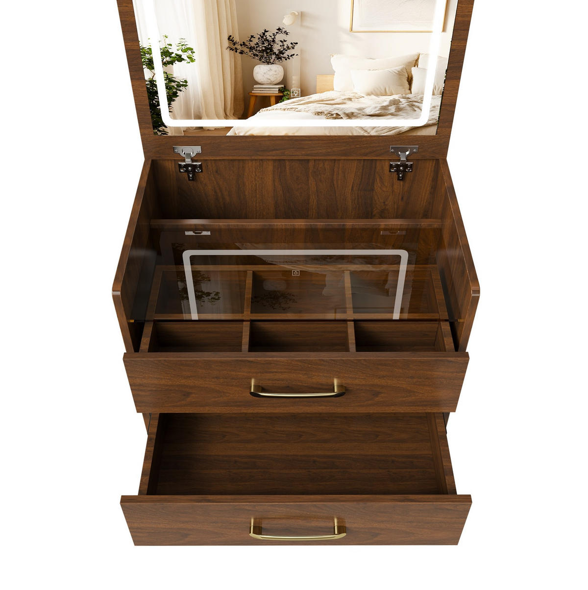 SCHMINKTISCH 40/60/118 cm mit aufklappbarem Spiegel, Glasplatte, 3-in-1-Funktion und Hocker, Walnuss - Weiß, Holzwerkstoff (60/118/40cm) - Redom