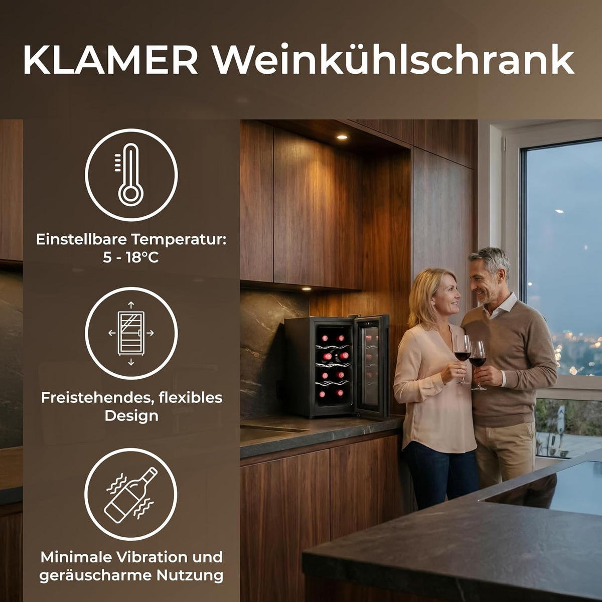 WEINKÜHLSCHRANK 8 Flaschen Minikühlschrank - Schwarz, Glas/Metall (51/48/26.5cm) - KLAMER