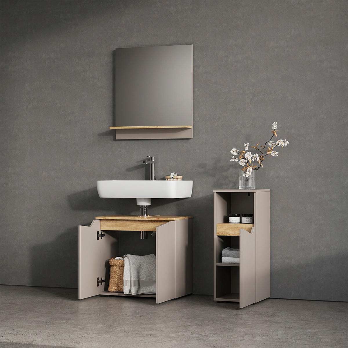 MIDISCHRANK Timavo Greige 30 x 74.5 cm mit Tür und offenem Fach - Greige, Holzwerkstoff (30/74.5/35cm) - Livinity®