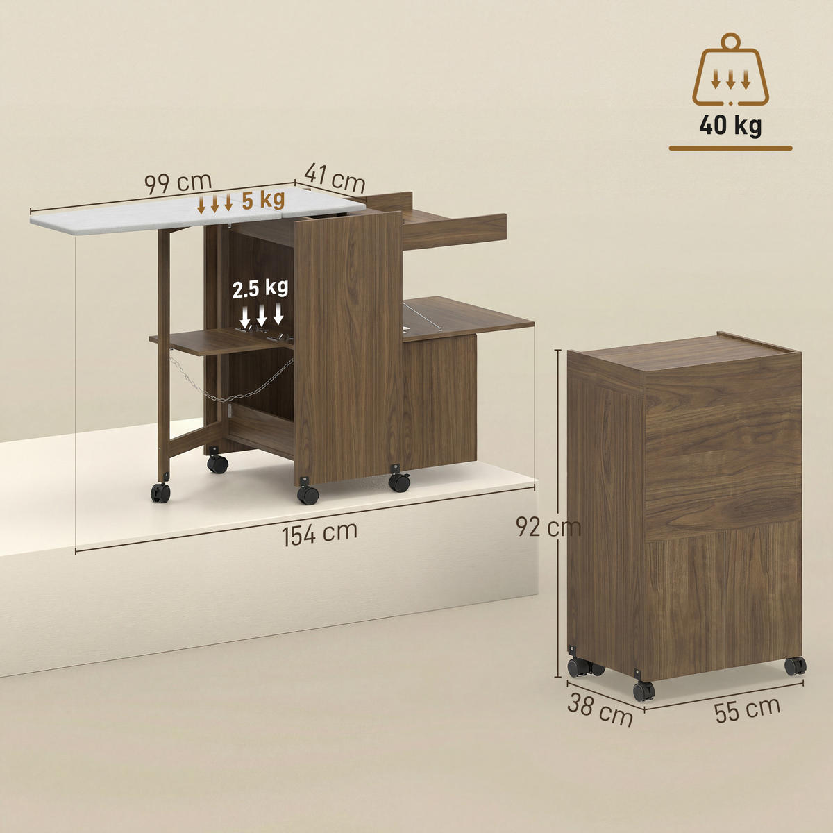BÜGELBRETTSCHRANK Braun 1 Stück - Braun, Holzwerkstoff (55/87/154cm) - GiPP
