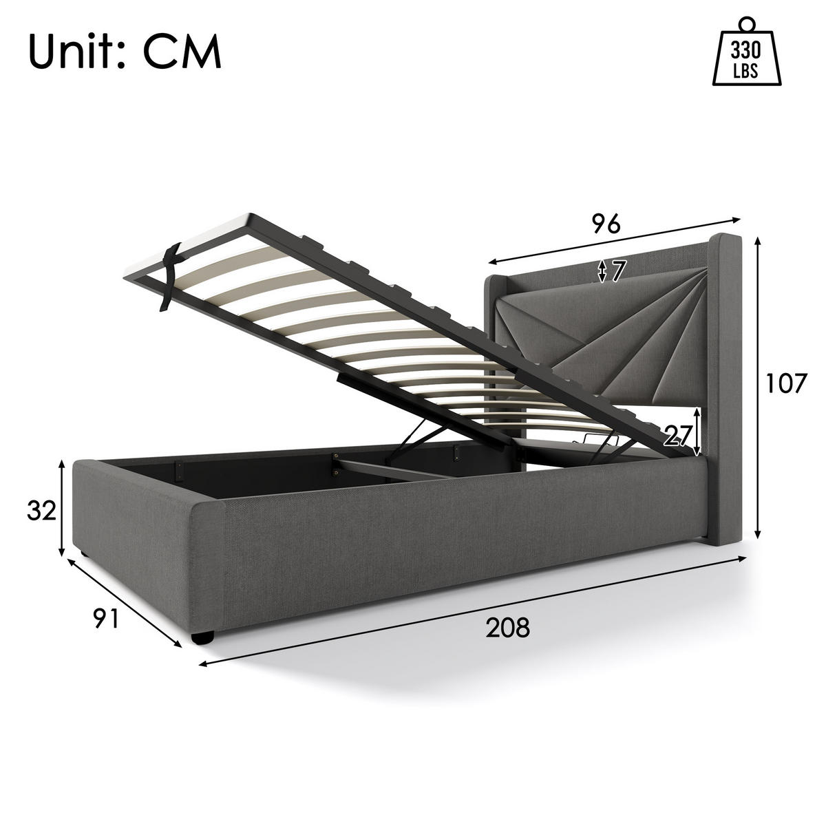 BETT mit Bettkasten und USB/Typ-C 90x200 cm Grau - Grau, Metall (90/200cm) - Meubliv
