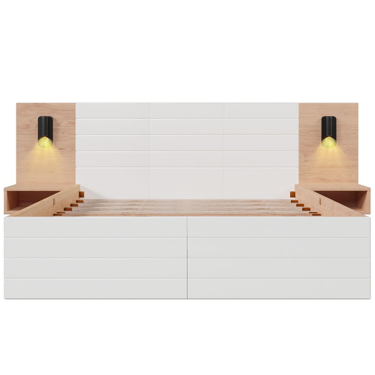 DOPPELBETT 160/200 cm Eiche und Weiß mit Leselicht und USB-Anschluss - Weiß, Holzwerkstoff (160/200cm) - OKWISH