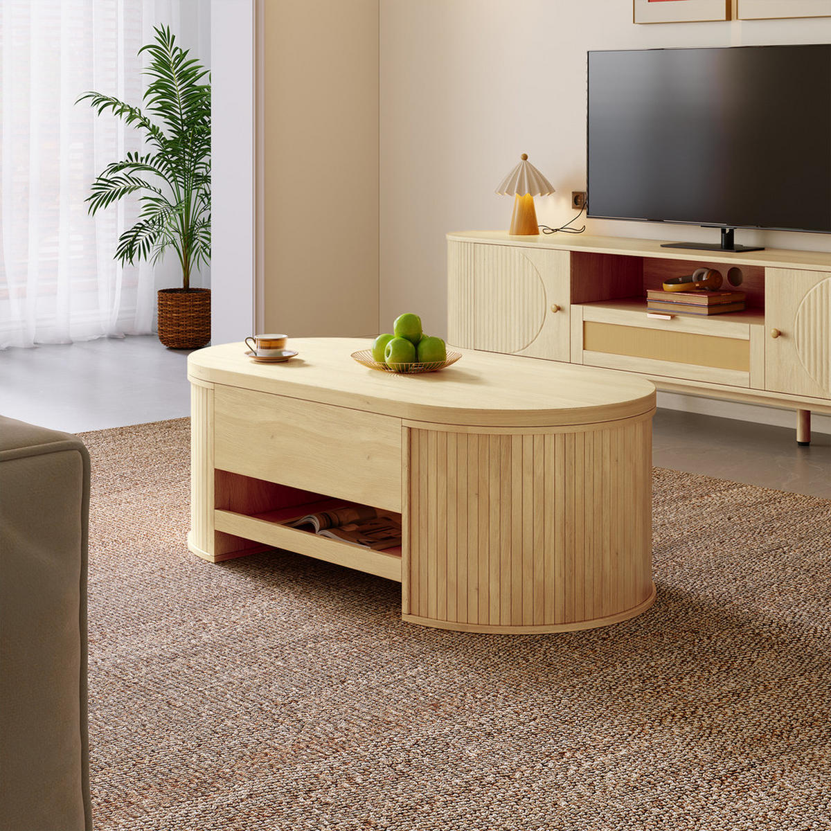 COUCHTISCH Anhebbar Ausziehbares Regal Gebogene Holzseiten Multifunktional - Braun, Holz (125.1/60.96/14.61cm) - FLIEKS