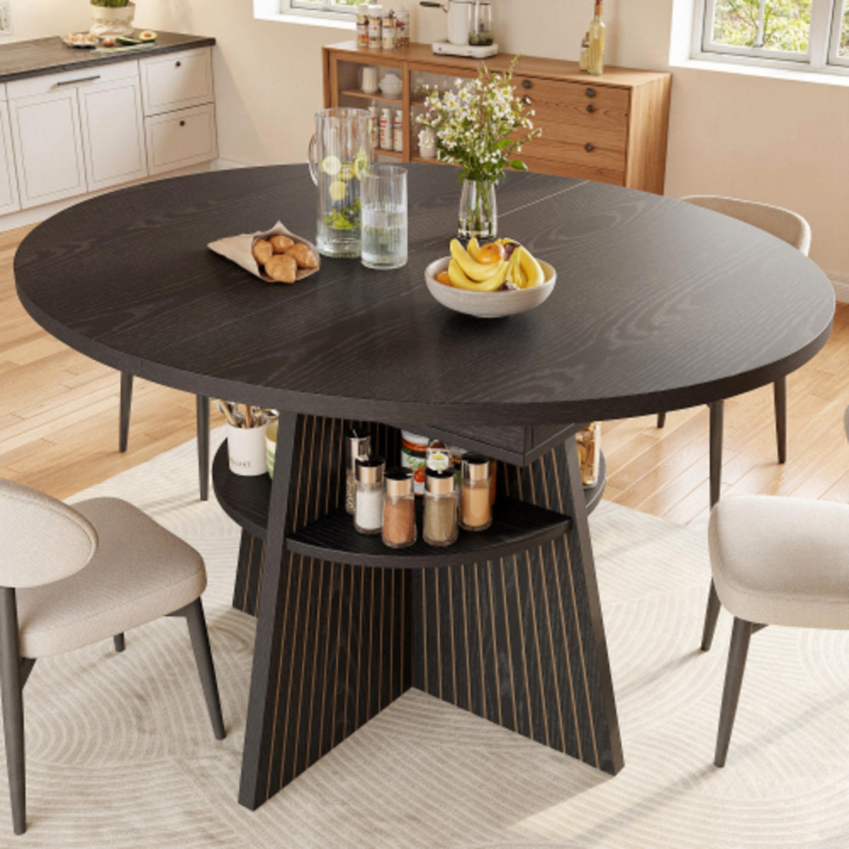 ESSTISCH Ausziehbarer 110-150×110×76 cm aus MDF und Metall mit Säulenfüßen und unterer Ablage, schwarz - Schwarz, Holzwerkstoff (150/110/76cm) - Luhomfu