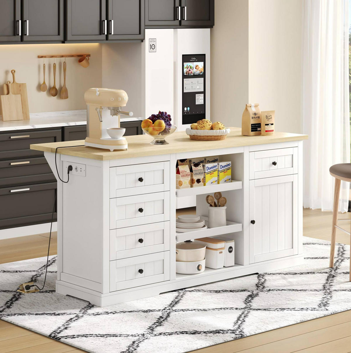 BUFFET aus MDF 150x65x75,5 cm Weiß/Natur mit Klappplatte, Steckdosen, 2 USB-Anschlüssen und 5 Schubladen - Naturfarben, Holzwerkstoff (150/75.5/65cm) - Modfu