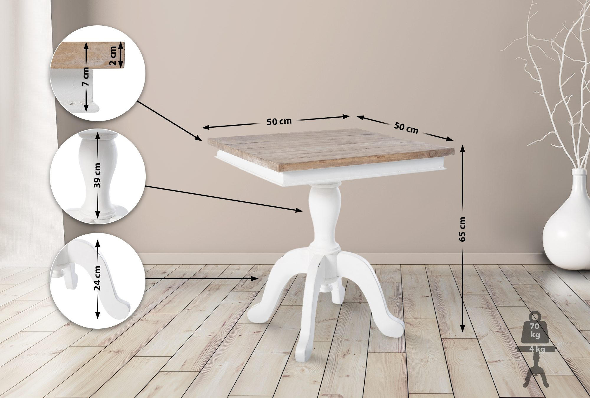 BEISTELLTISCH eckig 50/50/65 cm Holz natura/weiß - Eukalyptusholzfarben/Weiß, Holz (50/50/65cm) - CLP